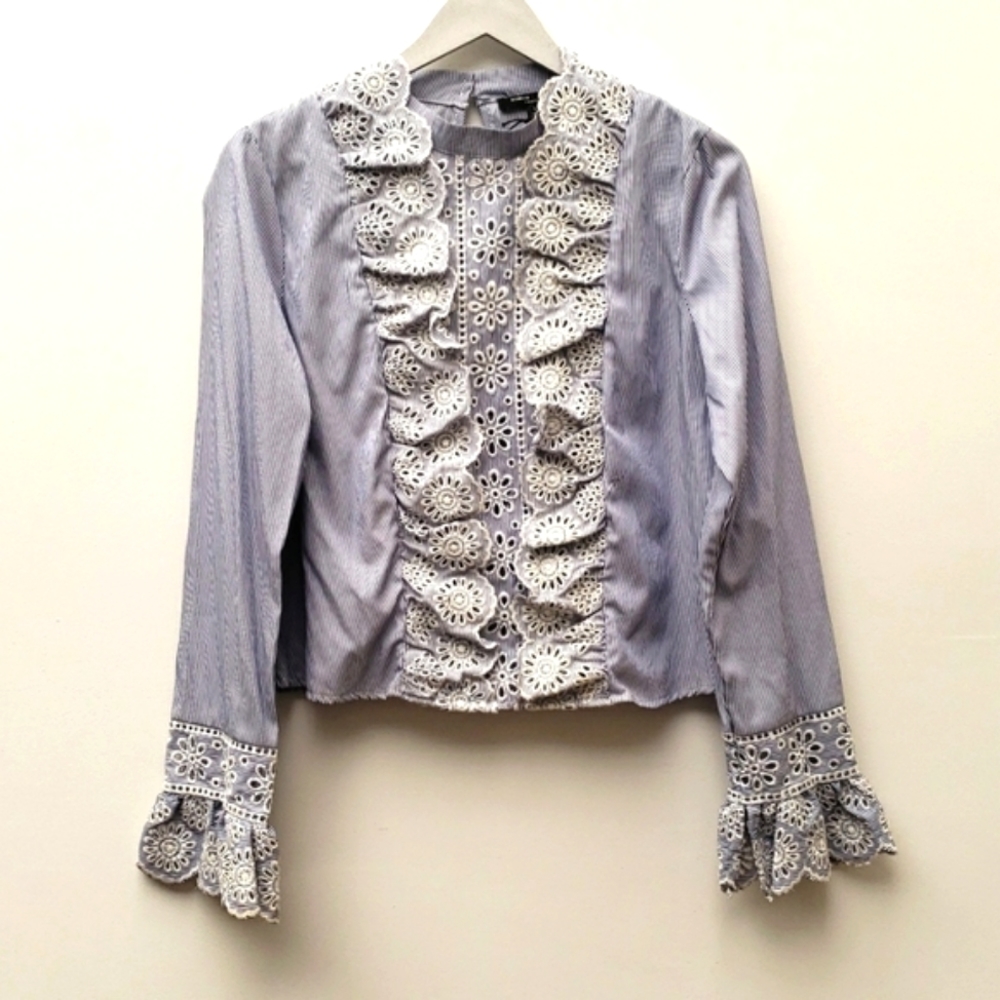 Elegant Lace Trimmed Blouse - White and Gray